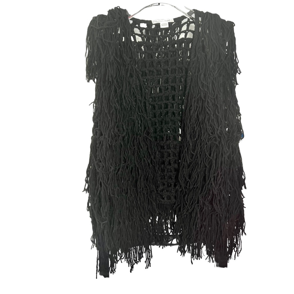 SANS SOUCI Black  Boho Festival Fringe Shaggy Open Front Knit Vest Small